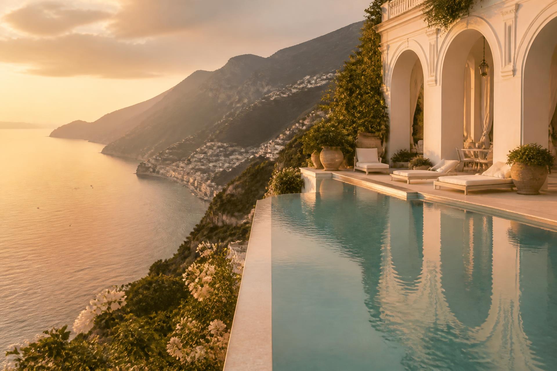Cliffside villa overlooking the Amalfi coast at golden hour